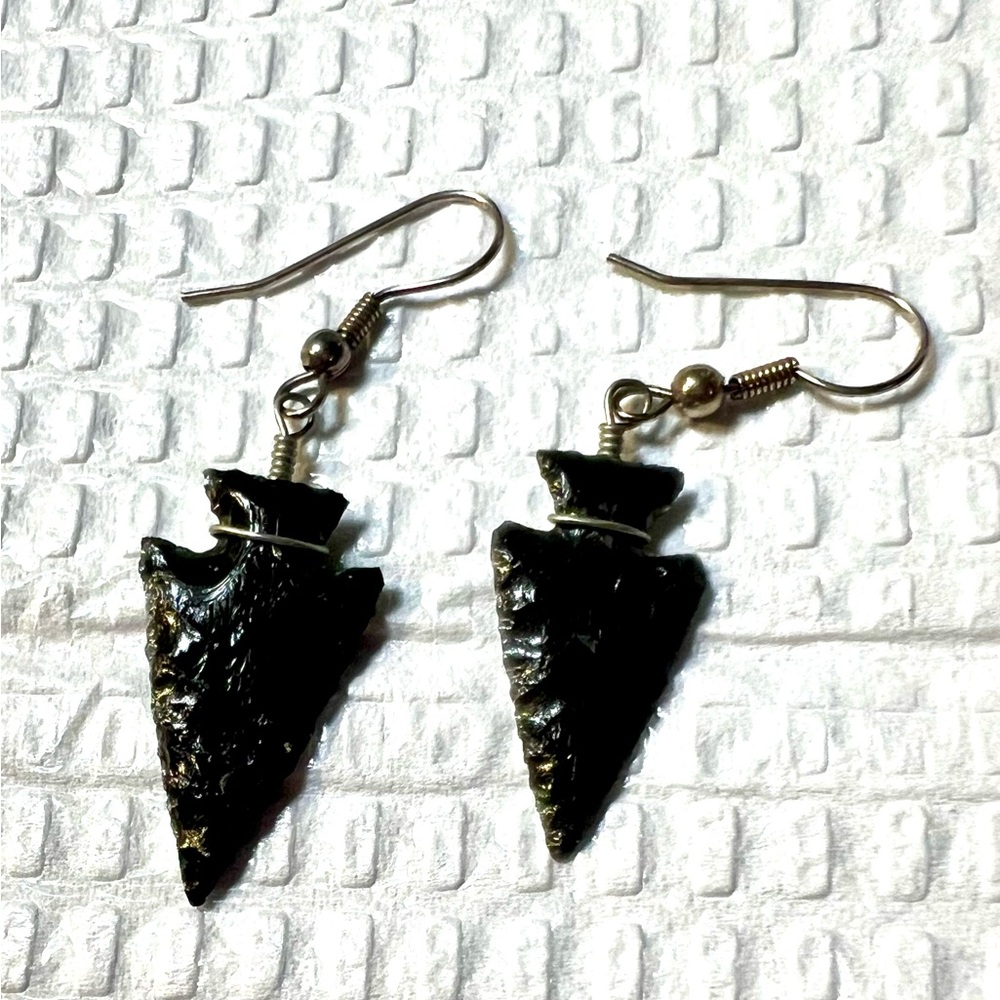 Black Obsidian Arrowhead Dangle Earrings, hand-carved.